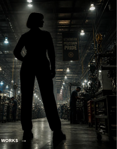 Silhouette of a woman standing on a manufacturing floor, watching machinists at work under a Strength Precision Pride banner