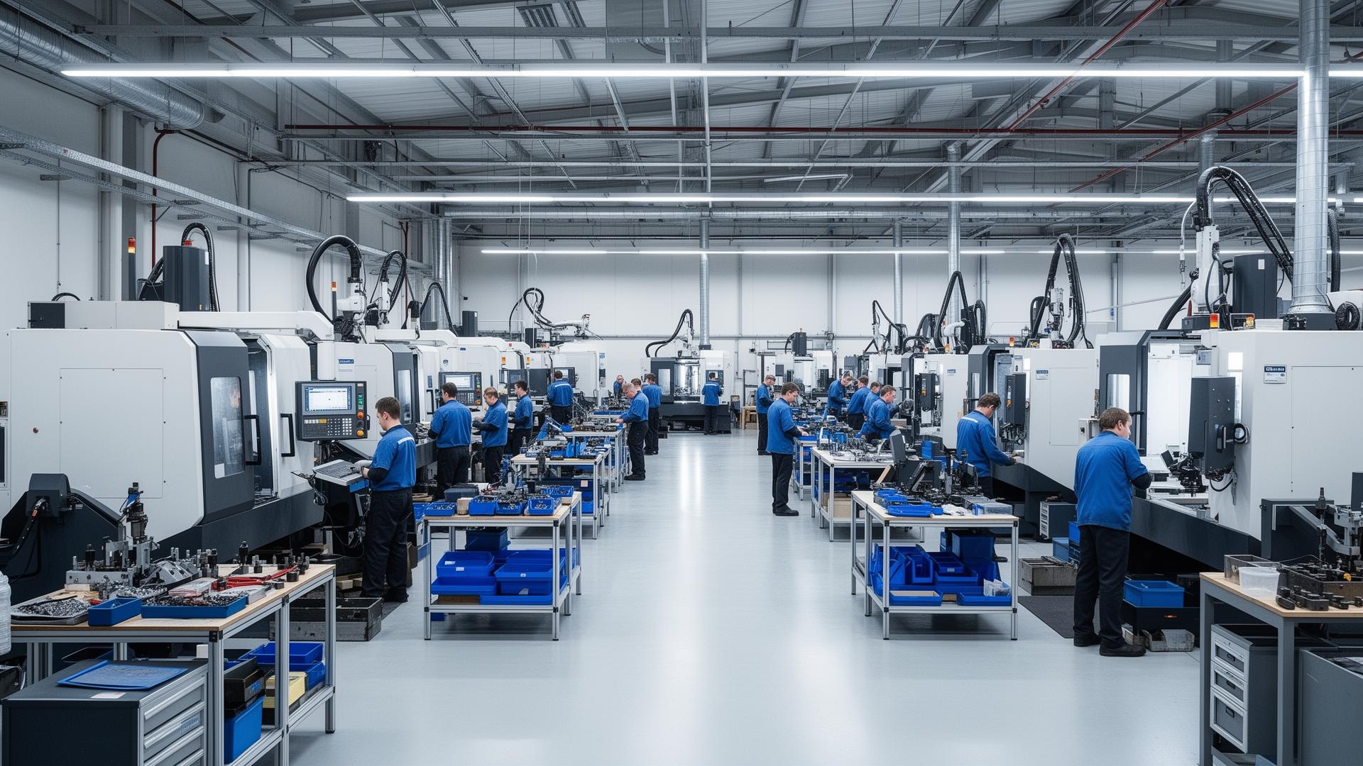 Clean modern manufacturing floor fully staffed with machines running